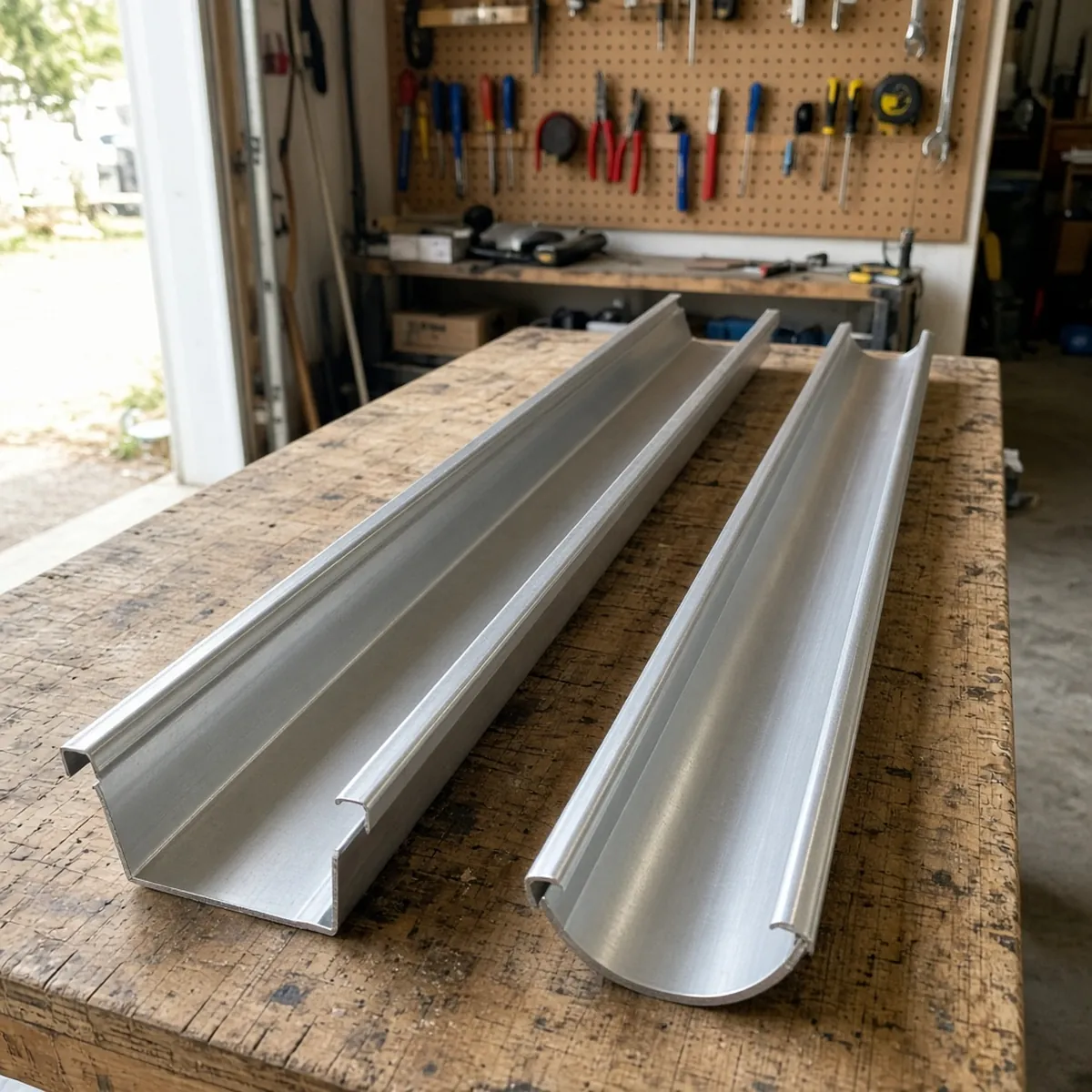 Side-by-side view of K-style and half-round aluminum gutter profiles on a workbench