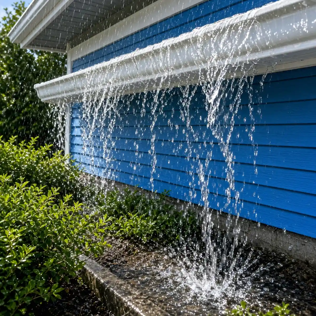 Water overflowing over the front lip of a residential gutter during a rainstorm