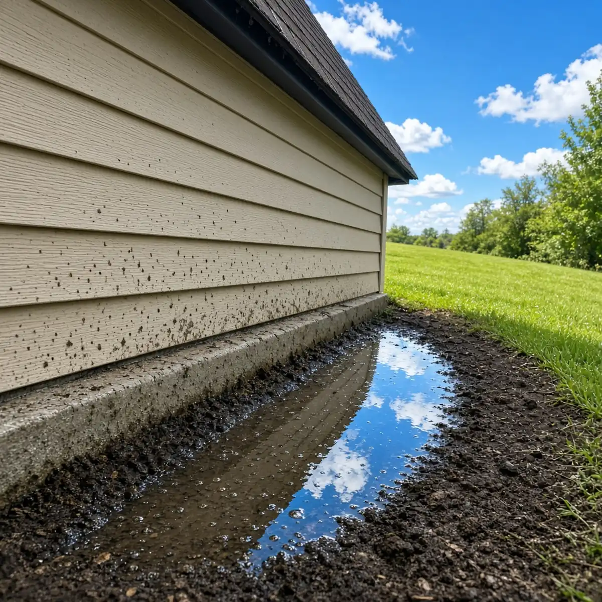 Water pooling at the foundation of a North Carolina home with no gutters