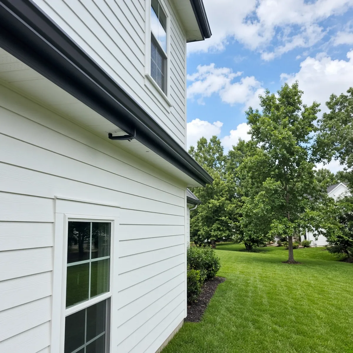 Newly installed seamless aluminum K-style gutters on a two-story colonial home in a North Carolina subdivision