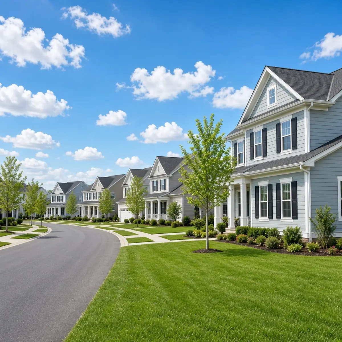 Residential street in a Johnston County NC subdivision with gutters visible on homes